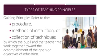 y
Guiding Principles Refer to the:
◾procedure,
◾methods of instruction, or
◾collection of techniques
by which the pupil and the teacher ma
work together toward the
accomplishment of the goals or
objectives of education.
TYPES OF TEACHING PRINCIPLES
 