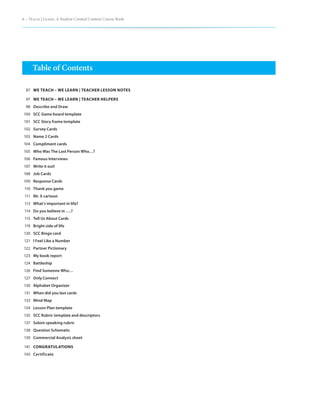 6 – Teach | Learn. A Student Created Content Course Book




     Table of Contents

  87 WE TEACH – WE LEARN | TEACHER LESSON NOTES

  97 WE TEACH – WE LEARN | TEACHER HELPERS
 98 Describe and Draw
100 SCC Game board template
101 SCC Story frame template
102 Survey Cards
103 Name 2 Cards
104 Compliment cards
105 Who Was The Last Person Who…?
106 Famous Interviews
107 Write it out!
108 Job Cards
109 Response Cards
 110 Thank you game
 111 Mr. X cartoon
 113 What’s important in life?
 114 Do you believe in ….?
 115 Tell Us About Cards
 119 Bright side of life
120 SCC Bingo card
 121 I Feel Like a Number
122 Partner Pictionary
123 My book report
 124 Battleship
 126 Find Someone Who…
 127 Only Connect
130 Alphabet Organizer
 131 When did you last cards
 133 Mind Map
134 Lesson Plan template
 135 SCC Rubric template and descriptors
 137 Solom speaking rubric
138 Question Schematic
 139 Commercial Analysis sheet

 141 CONGRATULATIONS
143 Certificate
 