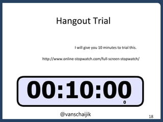 Hangout Trial
I will give you 10 minutes to trial this.
http://www.online-stopwatch.com/full-screen-stopwatch/
18@vanschaijik
 