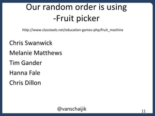 Our random order is using
-Fruit picker
Chris Swanwick
Melanie Matthews
Tim Gander
Hanna Fale
Chris Dillon
11@vanschaijik
...