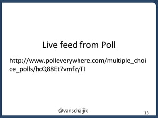 Live feed from Poll
http://www.polleverywhere.com/multiple_choi
ce_polls/hcQ88Et7vmfzyTI
13@vanschaijik
 