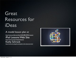 Great
Resources for
iDeas
A model lesson plan at
http://www.scribd.com/doc/52812881/IPAD-Lesson
iPad Lessons Web Site
http://www.scoop.it/t/ipad-lessons
Kathy Schrock
http://www.schrockguide.net/ipads-in-the-classroom.html
Wednesday, August 21, 13
 