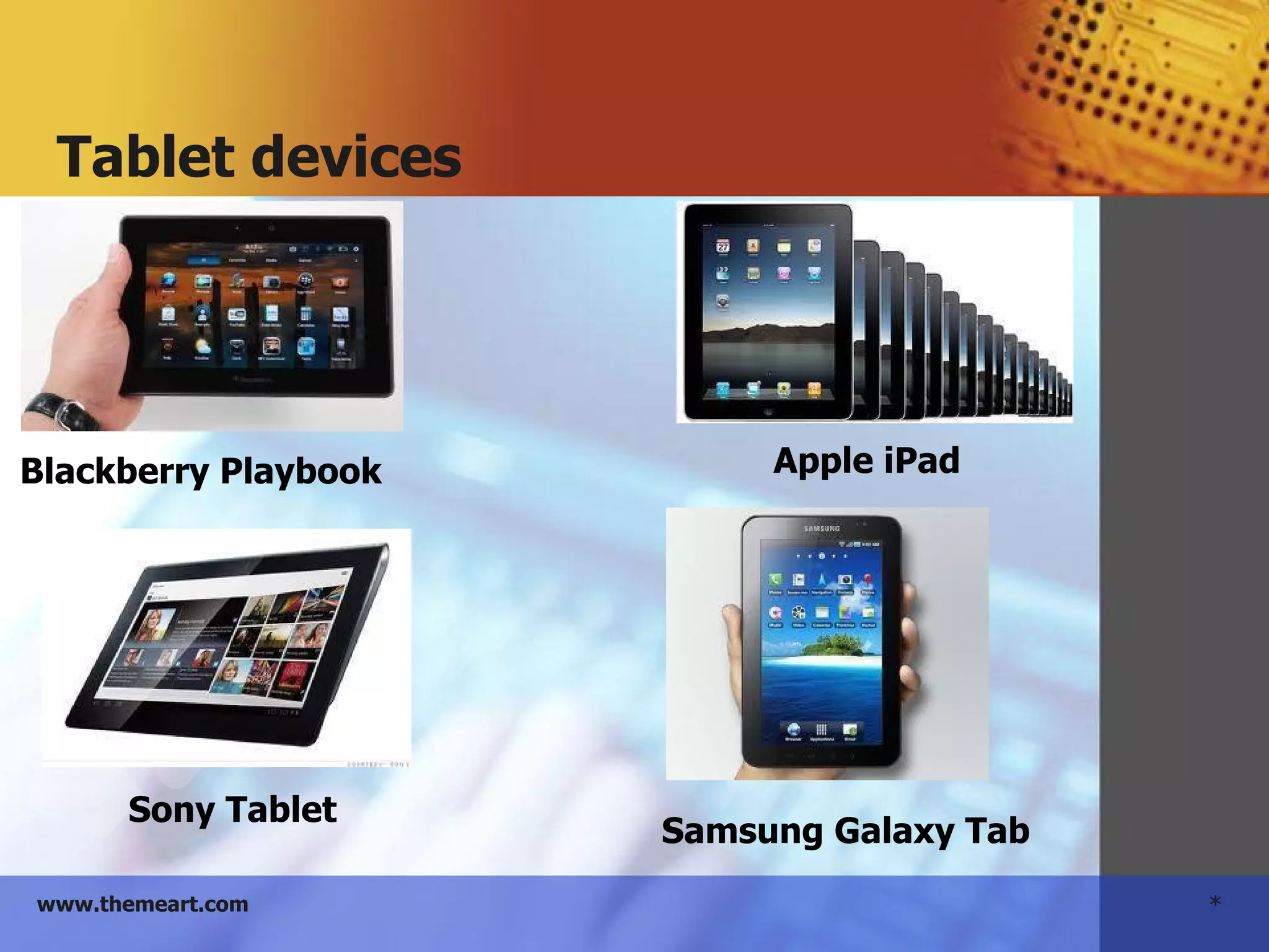 *www.themeart.com
Tablet devices
Blackberry Playbook Apple iPad
Sony Tablet
Samsung Galaxy Tab
 