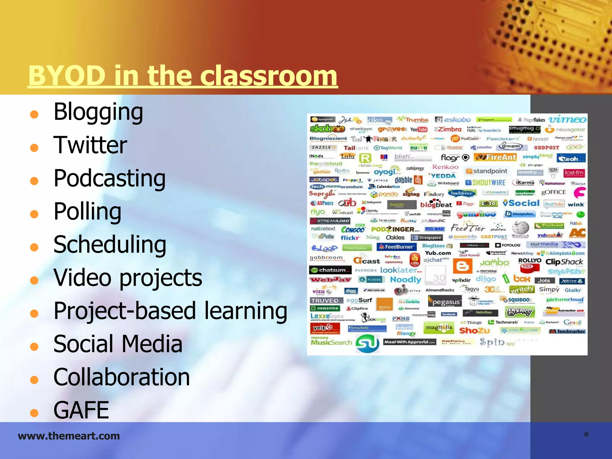 *www.themeart.com
BYOD in the classroom
● Blogging
● Twitter
● Podcasting
● Polling
● Scheduling
● Video projects
● Project-based learning
● Social Media
● Collaboration
● GAFE
 