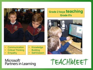 Grade 2 boys teaching
Grade 0’s
• Communication • Knowledge
• Critical Thinking Building
• Empathy • Self-Esteem