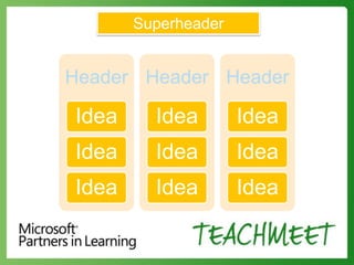 Superheader
Header Header Header
Idea Idea Idea
Idea Idea Idea
Idea Idea Idea
