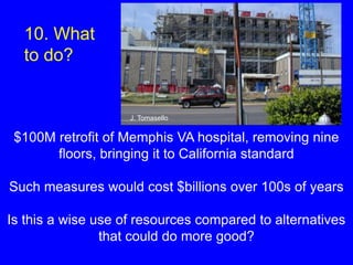 $100M retrofit of Memphis VA hospital, removing nine
floors, bringing it to California standard
Such measures would cost $billions over 100s of years
Is this a wise use of resources compared to alternatives
that could do more good?
J. Tomasello
10. What
to do?
 