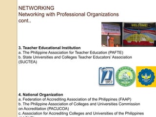 NETWORKING
Networking with Professional Organizations
cont..

3. Teacher Educational Institution
a. The Philippine Association for Teacher Education (PAFTE)
b. State Universities and Colleges Teacher Educators’ Association
(SUCTEA)

4. National Organization
a. Federation of Accrediting Association of the Philippines (FAAP)
b. The Philippine Association of Colleges and Universities Commission
on Accreditation (PACUCOA)
c. Association for Accrediting Colleges and Universities of the Philippines

 