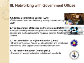 III. Networking with Government Offices

1. Literacy Coordinating Council (LCC)
• Train trainors who handle literacy training courses among the
youth
2. The Department of Science and Technology (DOST)
• Supports undergraduate and graduate scholarship programs in
science and mathematics in the Regional Science Teaching
Centers
3. The Commission on Higher Education (CHED)
• Organizes Technical Panels for all profession and benchmark
the curricula of all degree with international standards

4. The Teacher Education Council (TEC)
• Focuses on teacher education policies and standards

 