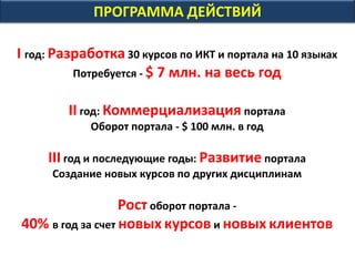 ПРОГРАММА ДЕЙСТВИЙ
I год: Разработка портала и 30 курсов на русском и английском
Инвестиции: $ 3 млн. на разработку. Оборот - $ 0 млн. в год
II год: Коммерциализация для 8 млн. чел. и локализация еще
на 8 языках (языки ЕС, языки ЛА, японский, китайский, хинди и др.)
Инвестиции: $ 4 млн. на локализацию. Оборот - $ 8 млн. в год
III год: Коммерциализация для 14 млн. чел. и локализация еще
на 10 языках (другие, наиболее распространенные языки мира)
Инвестиций: нет. Оборот - $ 140 млн. в год
IV год и последующие годы: Развитие портала
Создание 100 курсов в год на 20 языках. Оборот - $ 200 млн. в год
Рост оборот портала от 30% в год
за счет новых курсов, новых языков, увеличения охвата рынка
 