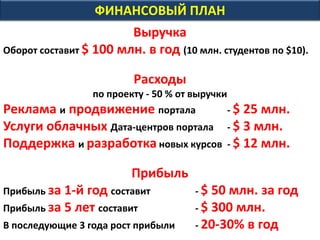 ФИНАНСОВЫЙ ПЛАН
План: Инвестиции Выручка Затраты Доход
- за 1-й год: $ 3 млн. $ 0 млн. $ 0 млн. $ 0 млн.
- за 2-й год: $ 4 млн. $ 8 млн. $ 1 млн. $ 0 млн.
- за 3-й год: $ 0 млн. $ 140 млн. $ 70 млн. $ 70 млн.
- за 4-й год: $ 0 млн. $ 200 млн. $ 100 млн. $ 100 млн.
Затраты по проекту - 50 % от выручки портала (за 4-й год):
- Реклама и продвижение портала $ 50 млн.
- Разработка и локализация новых курсов $ 20 млн.
- Поддержка учебного процесса на портале $ 10 млн.
- Услуги облачных Дата-центров портала $ 10 млн.
- Накладные расходы (офис, НИР, стратегия) $ 10 млн.
Возврат инвестиций - на второй год после начала проекта
Доход проекта за 4 года составит $ 178 млн.
Стоимость проекта к 5-ому году (х 3 года) $ 300 млн.
 