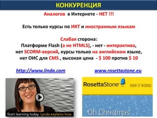КОНКУРЕНЦИЯ
Аналогов в Интернете - НЕТ !!!
Есть только курсы по ИКТ и иностранным языкам
Слабая сторона:
Платформе Flash (а не HTML5), - нет - интерактива,
нет SCORM-версий, курсы только на английском языке,
нет ОИС для CMS , высокая цена - $ 100 против $ 10
http://www.linda.com www.rosettastone.eu
 