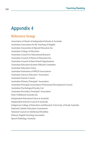 120
                                                                  Teaching Reading




      Appendix 4
      Reference Group
      Association of Heads of Independent Schools of Australia
      Australian Association for the Teaching of English
      Australian Association of Special Education Inc.
      Australian College of Educators
      Australian Council for Educational Research
      Australian Council of Deans of Education Inc.
      Australian Council of State School Organisations
      Australian Education Systems Ofﬁcials Committee
      Australian Education Union
      Australian Federation of SPELD Associations
      Australian Literacy Educators’ Association
      Australian Parents Council
      Australian Primary Principals’ Association
      Australian Principals Associations Professional Development Council
      Australian Psychological Society Ltd.
      Australian Secondary Principals’ Association
      Early Childhood Australia Inc.
      Independent Education Union of Australia
      Independent Schools Council of Australia
      Indigenous College of Education and Research, University of South Australia
      National Catholic Education Commission
      National Council on Intellectual Disability
      Primary English Teaching Association
      Speech Pathology Australia
 