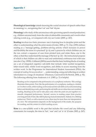 Appendix 1
                                                                                                     89




Phonological knowledge entails knowing the sound structure of speech rather than
its meaning; i.e., recognising that ‘cat’ and ‘hat’ rhyme.

Phonology is the study of the unconscious rules governing speech-sound production;
e.g., children unconsciously learn the rules of admissible consonants and vowels when
uttering words (e.g., cat compared with cta); see Center (2005, p. 267).
                        t

Reading involves two basic processes: one is learning how to decipher print and the
other is understanding what the print means (Center, 2005, p. 7). Clay (1991) deﬁnes
reading as a ’message-getting, problem-solving activity which increases in power
and ﬂexibility the more it is practised’ (p. 6); and ’a process by which children can, on
the run, extract a sequence of cues from printed texts and relate these, one to the
other, so that they understand the message of the text’ (p. 22) – the instructional purpose
of which is that children are able to read and understand continuous text with ease
(see also: Clay, 1993b). Coltheart (2005a) asserts that the basic building blocks of reading
are a set of integrated cognitive sub-skills that include: letter symbol recognition,
letter-sound rules, whole word recognition, and ability to access meaning from the
written word. In the Programme for International Student Assessment (PISA), the
concept of reading literacy involves ’… understanding, using and reﬂecting on written
information in a range of situations’ (Thomson, Cresswell & De Bortoli, 2004, p. 92).
The following offering from Anderson et al. (1985, p. 7) is helpful:

    Reading can be compared to the performance of a symphony orchestra. This analogy
    illustrates three points. First, like the performance of a symphony, reading is a holistic
    act. In other words, while reading can be analysed into sub skills such as discriminating
    letters and identifying words, performing the sub skills one at a time does not constitute
    reading. Reading can be said to take place only when the parts are put together in a
    smooth, integrated performance. Second, success in reading comes from practice
    over long periods of time, like skill in playing musical instruments. Indeed, it is a lifelong
    endeavour. Third, as with a musical score, there may be more than one interpretation
    of a text. The interpretation depends on the background of the reader, the purpose
    for reading, and the context in which reading occurs.

Rime in a one-syllable word is the part that includes the vowel and any following
consonants; for example, the rime in ‘hat’, ‘mat’ and ‘cat’ is ‘at’ (Center, 2005, p. 267).
 