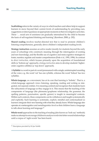 90
                                                                       Teaching Reading




     Scaffolding refers to the variety of ways in which teachers and others help to support
                g
     learners to move beyond their current levels of understanding by providing cues,
     suggestions or direct guidance at appropriate moments in their investigative activities.
     These ’… social acts of assistance are gradually internalised by the child to become
     the basis of self-regulated thinking and learning’ (Kershner, 2000, p. 292).

     Shared reading involves teacher-directed text that is read to promote children’s
                   g
     listening comprehension, generally above children’s independent reading levels.

     Strategy instruction assumes an active reader (mostly for students beyond the early
     years of schooling) who constructs meaning through the interrogation of existing
     and new knowledge, and the ﬂexible use of cognitive and meta-cognitive strategies to
     foster, monitor, regulate and master comprehension (Dole et al., 1991, 1996). In contrast
     to direct instruction, which focuses primarily upon the acquisition of foundational
     skills (a ‘bottom-up’ approach), strategy instruction aims to develop students’ higher-
     order cognitive abilities (a ‘top-down’ approach).

     A Syllable is a word or part of a word pronounced with a single, uninterrupted sounding
     of the voice; e.g. the word ‘cat’ has one syllable, whereas the word ‘bobcat’ has two
     syllables.

     Whole-language, as a movement, has at its core that learning is ‘holistic’. That is, a
     whole-language approach views listening, speaking, reading and writing as inte-
     grated, not separate entities. It is meaning-centred and recognises that students learn
     the subsystems of language as they engage in it. This means that the teaching of the
     components of language (the phoneme/grapheme relationship, the grammar, the
     spelling patterns, punctuation, speciﬁc genres) is taught in meaningful contexts.
     Within such contexts, these components can be withdrawn and taught systematically
     and explicitly. Such learning is systematic, explicit, mindful and contextualised so
     learners integrate their new learning with what they already know. Whole-language also
     operates at a metacognitive and metalinguistics level so that children learn a language
                               e
     to talk about learning and language.42

     Whole-word approaches to the teaching of reading (also known as ‘look-say’ methods)
     make no attempt to encourage children to analyse words into letter-sound relationships
     until a corpus of ‘sight words’ has been learnt.


     42
          Description provided by Dr Jan Turbill.
 