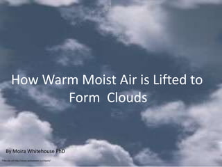 How Warm Moist Air is Lifted to
               Form Cloudsis Lifted to
         How Warm Moist Air
                                                 Form Clouds
   By Moira Whitehouse PhD
Free clip art http://www.webweaver.nu/clipart/
 
