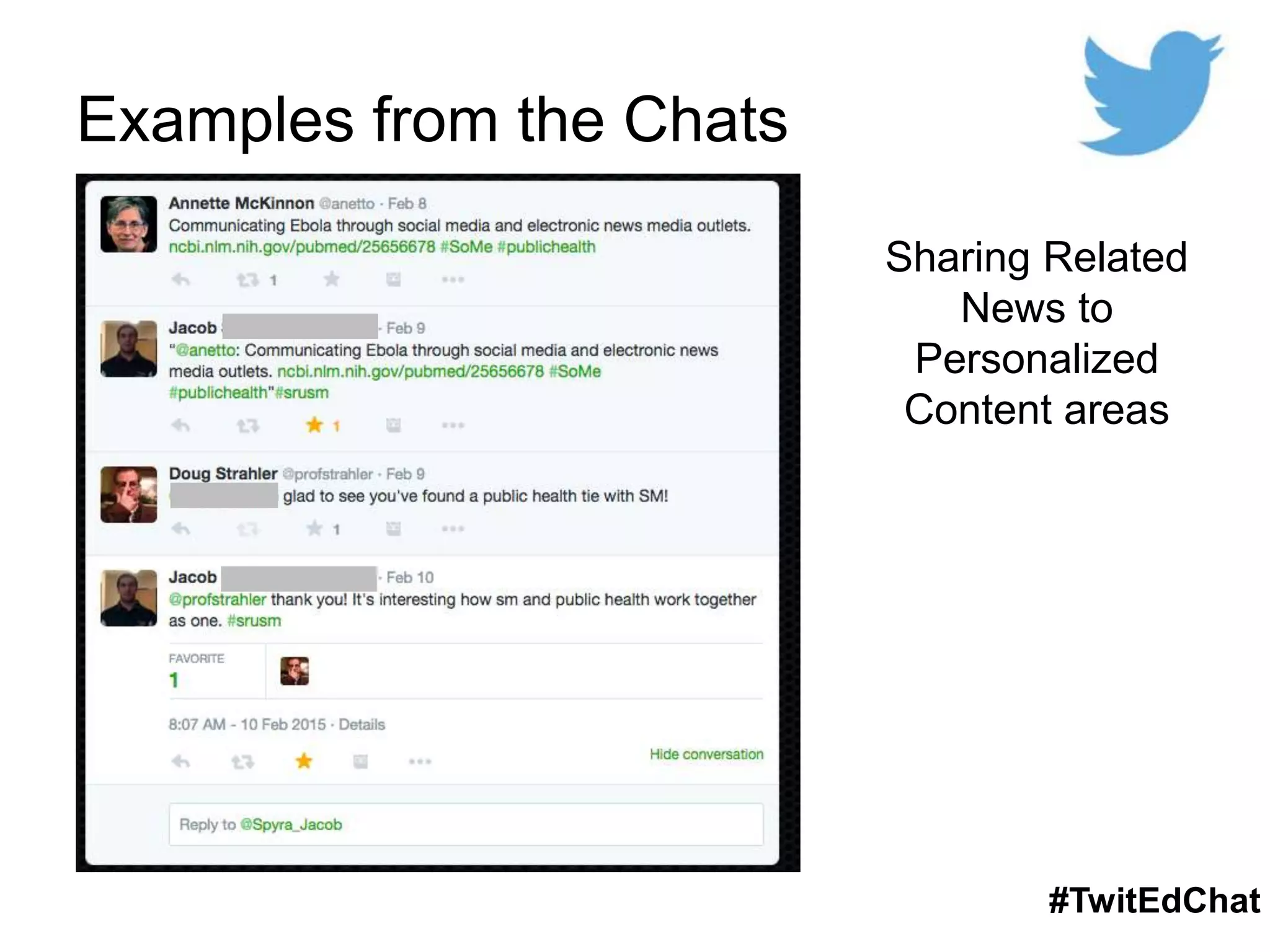 Examples from the Chats
#TwitEdChat
Sharing Related
News to
Personalized
Content areas
 