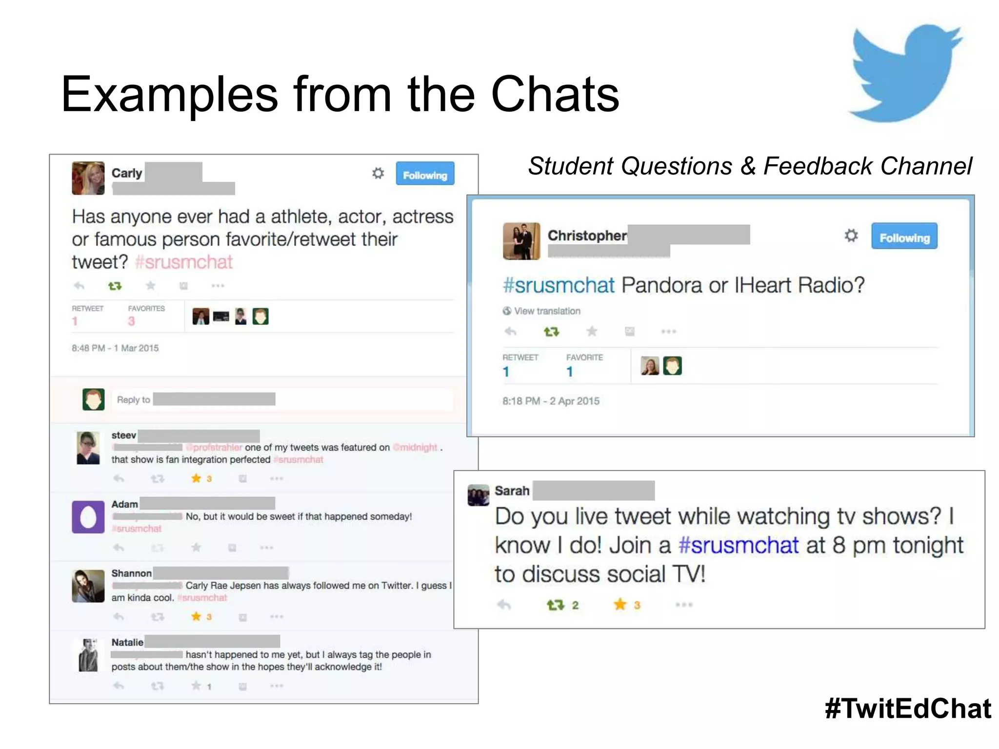 Examples from the Chats
#TwitEdChat
Student Questions & Feedback Channel
 
