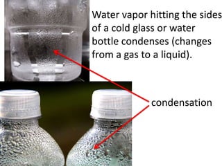 Water vapor hitting the sides
of a cold glass or water
bottle condenses (changes
from a gas to a liquid).



             condensation
 