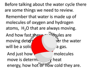 Before talking about the water cycle there
are some things we need to review.
 Remember that water is made up of
 molecules of oxygen and hydrogen
 atoms, H2O that are always moving.
 And how fast these molecules are
 moving determines whether the water
 will be a solid, a liquid, or a gas.
 And just how fast these molecules
 move is determined by heat
 energy, how hot or how cold they are.
 