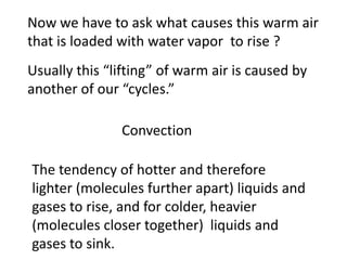 Now we have to ask what causes this warm air
that is loaded with water vapor to rise ?
Usually this “lifting” of warm air is caused by
another of our “cycles.”

               Convection

The tendency of hotter and therefore
lighter (molecules further apart) liquids and
gases to rise, and for colder, heavier
(molecules closer together) liquids and
gases to sink.
 