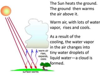 The Sun heats the ground.
The ground then warms
the air above it.
Warm air, with lots of water
vapor, rises and cools.

As a result of the
cooling, the water vapor
in the air changes into
tiny water droplets of
liquid water—a cloud is
formed.
 