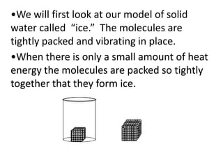 •We will first look at our model of solid
water called “ice.” The molecules are
tightly packed and vibrating in place.
•When there is only a small amount of heat
energy the molecules are packed so tightly
together that they form ice.
 