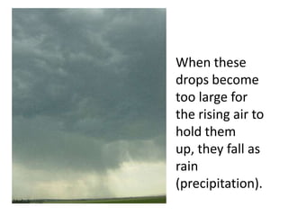 When these
drops become
too large for
the rising air to
hold them
up, they fall as
rain
(precipitation).
 