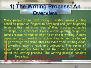 1) The Writing Process: An Overview Many people think that being a writer means putting pencil to paper or fingers to keyboard and just beginning to write. But that is not true. Writing is actually a series of steps, or a process. Every writer goes through the same process no matter what he or she is writing. A news paper writer, a novelist, a technical writer and a student all go through the same steps to make their writing clear, informative, easy to read, and enjoyable. This series of steps that writers take to put their ideas on paper is called the writing process. The writing process consists of five steps:  prewriting, drafting, revising, editing/proofreading, and publishing.  