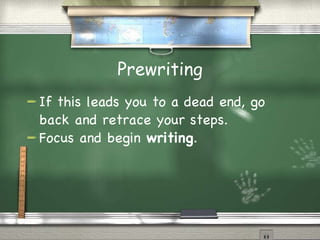 Prewriting If this leads you to a dead end, go back and retrace your steps. Focus and begin  writing . 