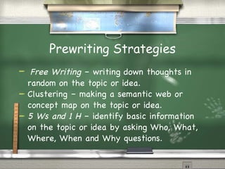 Prewriting Strategies Free Writing  – writing down thoughts in random on the topic or idea. Clustering – making a semantic web or concept map on the topic or idea. 5 Ws and 1 H  – identify basic information on the topic or idea by asking Who, What, Where, When and Why questions. 