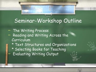 Seminar-Workshop Outline The Writing Process Reading and Writing Across the Curriculum * Text Structures and Organizations * Selecting Books for Teaching Evaluating Writing Output 