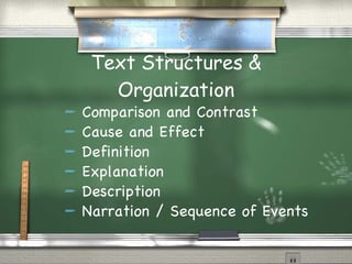 Text Structures & Organization Comparison and Contrast Cause and Effect Definition Explanation Description Narration / Sequence of Events 