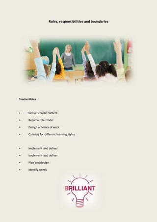 Roles, responsibilities and boundaries
Teacher Roles
• Deliver course content
• Become role model
• Design schemes of work
• Catering for different learning styles
• Implement and deliver
• Implement and deliver
• Plan and design
• Identify needs
 