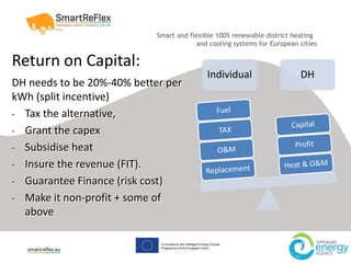 Smart and flexible 100% renewable district heating
and cooling systems for European cities
Return on Capital:
DH needs to be 20%-40% better per
kWh (split incentive)
- Tax the alternative,
- Grant the capex
- Subsidise heat
- Insure the revenue (FIT).
- Guarantee Finance (risk cost)
- Make it non-profit + some of
above
Individual DH
 