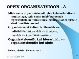Ene-Silvia Sarv, 2000-2014
10
ÕPPIV ORGANISATSIOON - 3ÕPPIV ORGANISATSIOON - 3
Mida enam organisatsioonil tuleb kohaneda kiirete
muutustega, seda enam tuleb panustada
tegevuslikele-käitumuslikele-eetilisele lahendustele
struktuuriliste asemel
Organisatsiooni kultuuris tähendab see:
indiviidi funktsioonidelt => tiimidele;
tiimidelt => koostöövõrgustikele
Organisatsioonilt kui hierarhialt =>
organisatsioonile kui ajule
Koolis, klassis tähendab see : …….
 