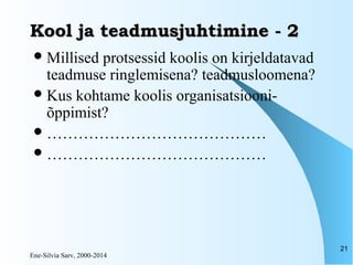 Ene-Silvia Sarv, 2000-2014
21
Kool ja teadmusjuhtimine - 2Kool ja teadmusjuhtimine - 2
Millised protsessid koolis on kirjeldatavad
teadmuse ringlemisena? teadmusloomena?
Kus kohtame koolis organisatsiooni-
õppimist?
……………………………………
……………………………………
 