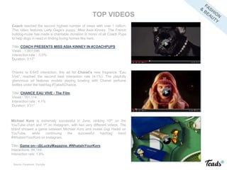 Coach reached the second highest number of views with over 1 million.
This video features Lady Gaga’s puppy, Miss Asia Kinney. The French
bulldog-muse has made a charitable donation in honor of all Coach Pups
to help dogs in need in finding loving homes like hers.
Title: COACH PRESENTS MISS ASIA KINNEY IN #COACHPUPS
Views : 1,061,096
Interaction rate : 0.0%
Duration: 0’17’’
Thanks to 6,645 interaction, this ad for Chanel’s new fragrance “Eau
Vive”, reached the second best interaction rate (4.1%). The playfully
glamorous ad features models playing bowling with Chanel perfume
bottles under the hashtag #TakeAChance.
Title: CHANCE EAU VIVE - The Film
Views : 161,114
Interaction rate : 4.1%
Duration: 0’31’’
Michael Kors is extremely successful in June, ranking 10th on the
YouTube chart and 1st on Instagram, with two very different videos. The
brand showed a game between Michael Kors and model Gigi Hadid on
YouTube, while continuing the successful hashtag trend
#WhatsInYourKors on Instagram.
Title: Game on—@LuckyMagazine. #WhatsInYourKors
Interactions: 84,144
Interaction rate: 1.8%
TOP VIDEOS
Source: Facebook, Youtube
 