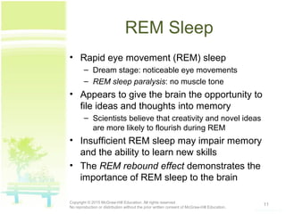 REM Sleep
• Rapid eye movement (REM) sleep
– Dream stage: noticeable eye movements
– REM sleep paralysis: no muscle tone
• Appears to give the brain the opportunity to
file ideas and thoughts into memory
– Scientists believe that creativity and novel ideas
are more likely to flourish during REM
• Insufficient REM sleep may impair memory
and the ability to learn new skills
• The REM rebound effect demonstrates the
importance of REM sleep to the brain
11Copyright © 2015 McGraw-Hill Education. All rights reserved.
No reproduction or distribution without the prior written consent of McGraw-Hill Education.
 