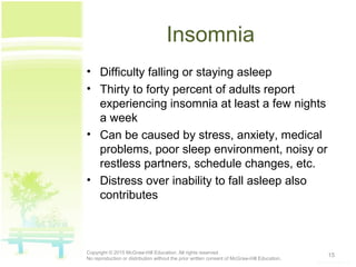 Insomnia
• Difficulty falling or staying asleep
• Thirty to forty percent of adults report
experiencing insomnia at least a few nights
a week
• Can be caused by stress, anxiety, medical
problems, poor sleep environment, noisy or
restless partners, schedule changes, etc.
• Distress over inability to fall asleep also
contributes
15Copyright © 2015 McGraw-Hill Education. All rights reserved.
No reproduction or distribution without the prior written consent of McGraw-Hill Education.
 