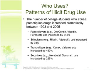 Who Uses?
Patterns of Illicit Drug Use
• The number of college students who abuse
prescription drugs increased dramatically
between 1993 and 2005
– Pain relievers (e.g., OxyContin, Vicodin,
Percocet): use increased by 343%
– Stimulants (e.g., Ritalin, Adderall): use increased
by 93%
– Tranquilizers (e.g., Xanax, Valium): use
increased by 450%
– Sedatives (e.g., Nembutal, Seconal): use
increased by 225%
3Copyright © 2015 McGraw-Hill Education. All rights reserved.
No reproduction or distribution without the prior written consent of McGraw-Hill Education.
 