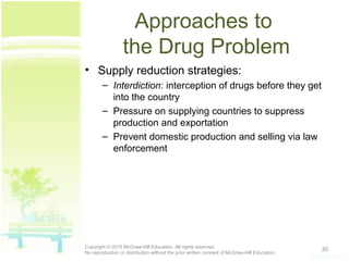 Approaches to
the Drug Problem
• Supply reduction strategies:
– Interdiction: interception of drugs before they get
into the country
– Pressure on supplying countries to suppress
production and exportation
– Prevent domestic production and selling via law
enforcement
30Copyright © 2015 McGraw-Hill Education. All rights reserved.
No reproduction or distribution without the prior written consent of McGraw-Hill Education.
 