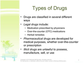 Types of Drugs
• Drugs are classified in several different
ways
• Legal drugs include:
– Medication prescribed by physicians
– Over-the-counter (OTC) medications
– Herbal remedies
• Pharmaceutical drugs are developed for
medical purposes, whether over-the-counter
or prescription
• Illicit drugs are unlawful to possess,
manufacture, sell, or use
7Copyright © 2015 McGraw-Hill Education. All rights reserved.
No reproduction or distribution without the prior written consent of McGraw-Hill Education.
 