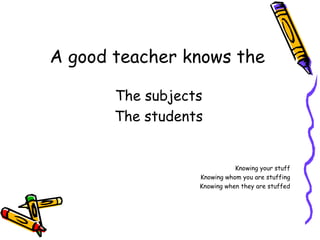 A good teacher knows the  The subjects The students Knowing your stuff Knowing whom you are stuffing Knowing when they are stuffed 
