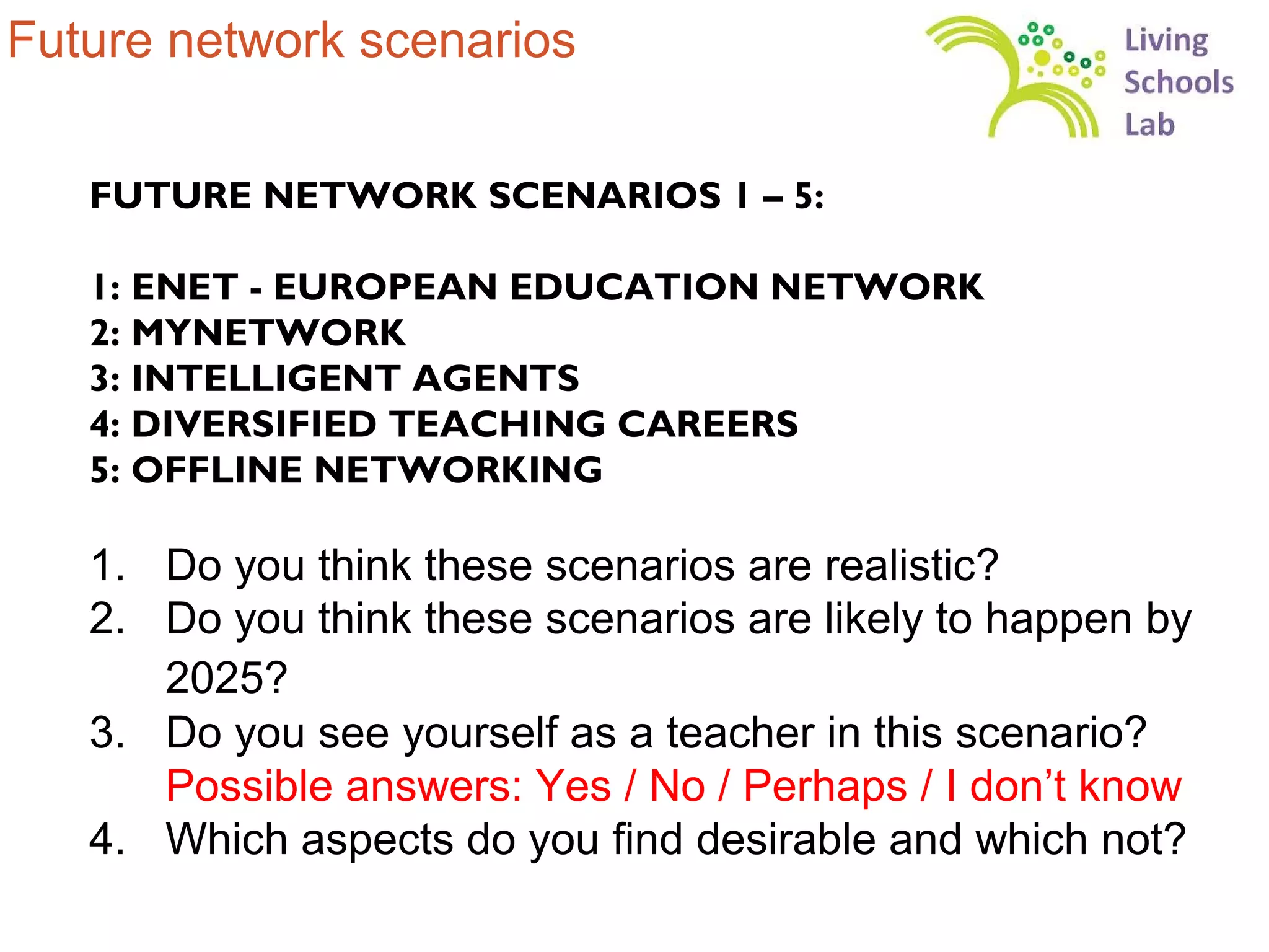 Future network scenarios

   FUTURE NETWORK SCENARIOS 1 – 5:

   1: ENET - EUROPEAN EDUCATION NETWORK
   2: MYNETWORK
   3: INTELLIGENT AGENTS
   4: DIVERSIFIED TEACHING CAREERS
   5: OFFLINE NETWORKING

   1. Do you think these scenarios are realistic?
   2. Do you think these scenarios are likely to happen by
      2025?
   3. Do you see yourself as a teacher in this scenario?
      Possible answers: Yes / No / Perhaps / I don’t know
   4. Which aspects do you find desirable and which not?
 