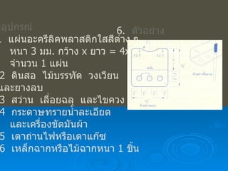 5.  วัสดุอุปกรณ์ 5.1  แผ่นอะครีลิคพลาสติกใสสีต่าง ๆ  หนา  3  มม .  กว้าง   x  ยาว  =  4 x4  นิ้ว จำนวน  1  แผ่น 5.2  ดินสอ  ไม้บรรทัด  วงเวียน    และยางลบ 5.3  สว่าน  เลื่อยฉลุ  และไขควง 5.4  กระดาษทรายน้ำละเอียด  และเครื่องขัดมันผ้า 5.5  เตาถ่านไฟหรือเตาแก๊ซ 5.6  เหล็กฉากหรือไม้ฉากหนา  1  ชิ้น 6.  ตัวอย่าง 