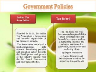 Indian Tea
Association
Founded in 1881, the Indian
Tea Association is the premier
and the oldest organization of
tea producers in India.
The Association has played a
multi-dimensional role
towards formulating policies
and initiating action towards
the development and growth
of the Industry, liaising with
the Tea Board, Government
and other related bodies.
Tea Board
The Tea Board has wide
functions and responsibilities
under the direction of the
Central Government such as:
a)Rendering financial and
technical assistance for
cultivation, manufacture and
marketing of tea.
b) Export Promotion
c) Aiding Research and
Development activities for
improving tea quality..etc
 