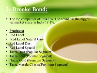 2- Brooke Bond:
• The top competitor of Tata Tea. The brand has the biggest
tea market share in India 18.1%.
• Products:
• Red Label
• Red Label Natural Care
• Red Label Dust
• Red Label Special
• Taaza Dust (Popular Segment)
• Taaza Leaf (Popular Segment)
• Taaza Gold (Premium Segment)
• Taaza Masala Chaska(Premium Segment)
 