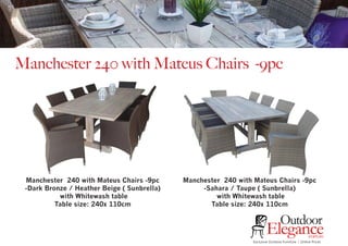 Manchester 240 with Mateus Chairs -9pc
Manchester 240 with Mateus Chairs -9pc
-Dark Bronze / Heather Beige ( Sunbrella)
with Whitewash table
Table size: 240x 110cm
Exclusive Outdoor Furniture | Online Prices
Outdoor
Elegance.com.au
Manchester 240 with Mateus Chairs -9pc
-Sahara / Taupe ( Sunbrella)
with Whitewash table
Table size: 240x 110cm
 