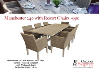 Manchester 240 with Resort Chairs -9pc
Exclusive Outdoor Furniture | Online Prices
Outdoor
Elegance.com.au
Manchester 240 with Resort Chairs -9pc
-Sahara / Taupe ( Sunproof)
with Whitewash table
Table size: 240x 110cm
 